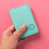 Leather Bifold RFID Wallet in light blue, showing logo placement