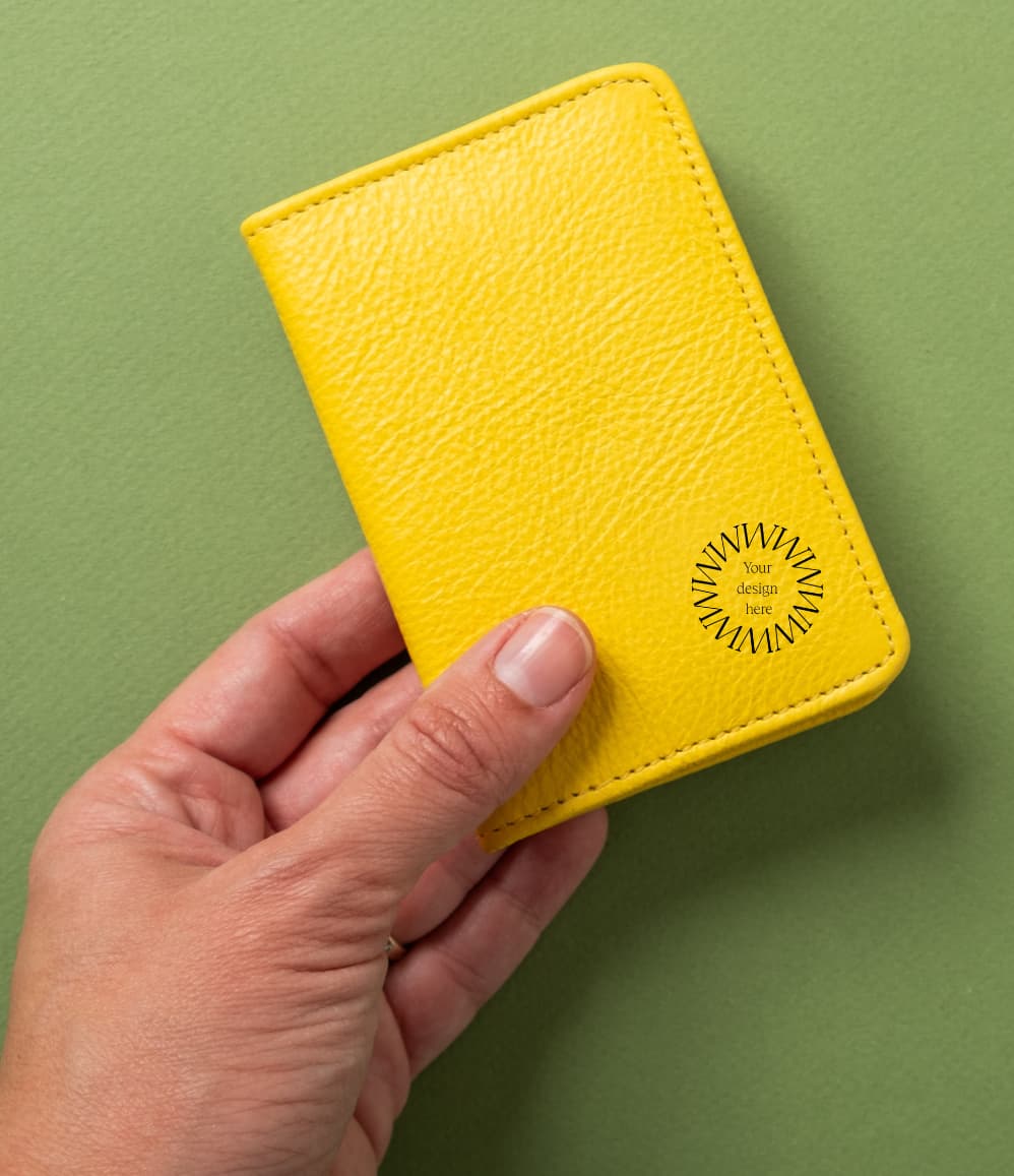 Leather Bifold RFID Wallet in yellow, showing logo placement