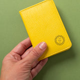 Leather Bifold RFID Wallet in yellow, showing logo placement