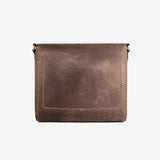 Leather crossbody bag with adjustable shoulder strap, branded corporate gift for executive gifting and hand-stitched by artisans. Fairtrade