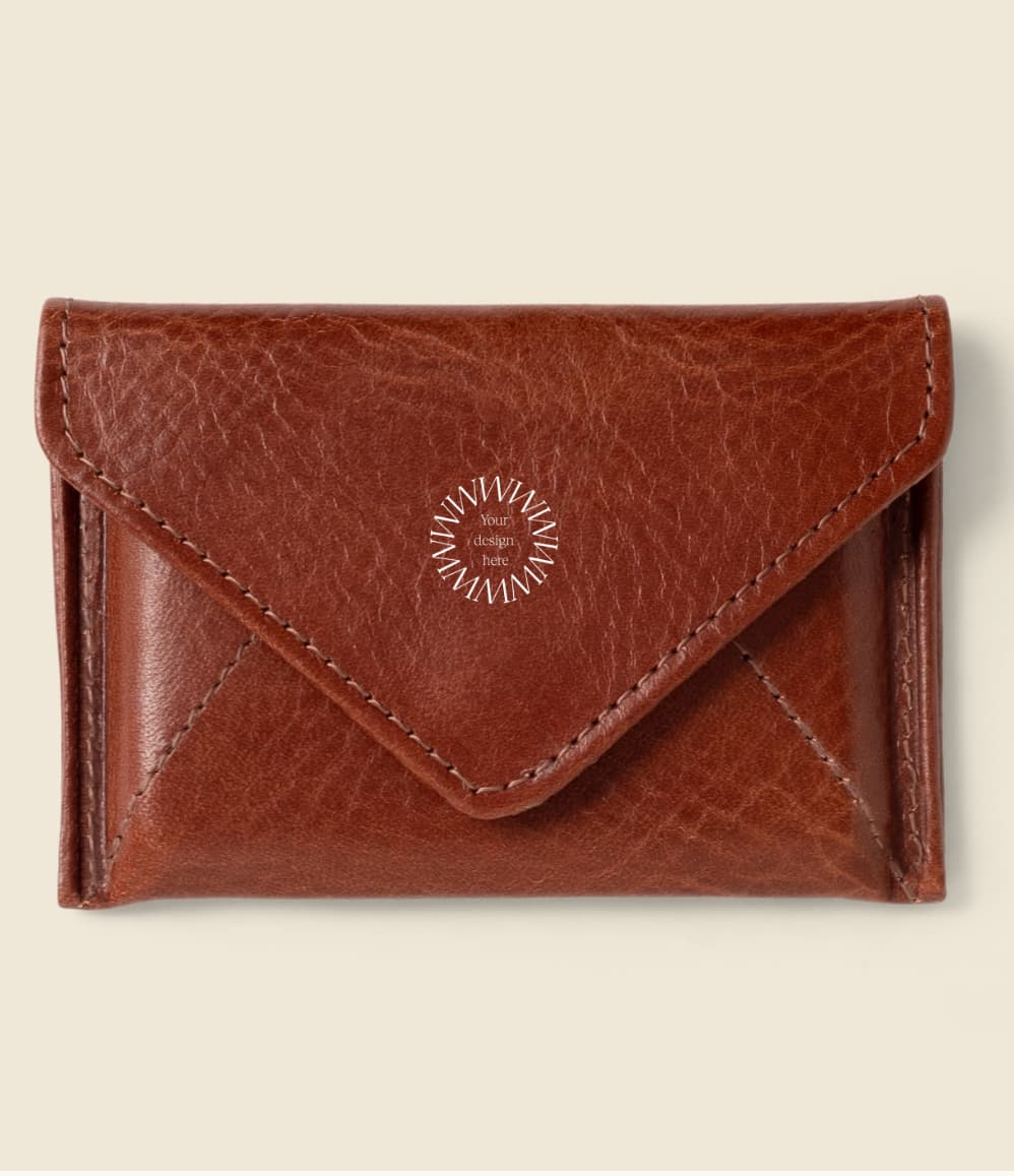 Leather Envelope RFID Wallet in brown showing logo placement