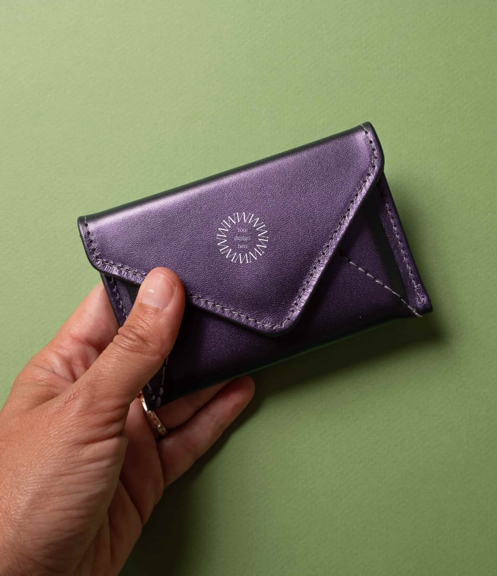 Leather Envelope RFID Wallet in purple, showing logo placement