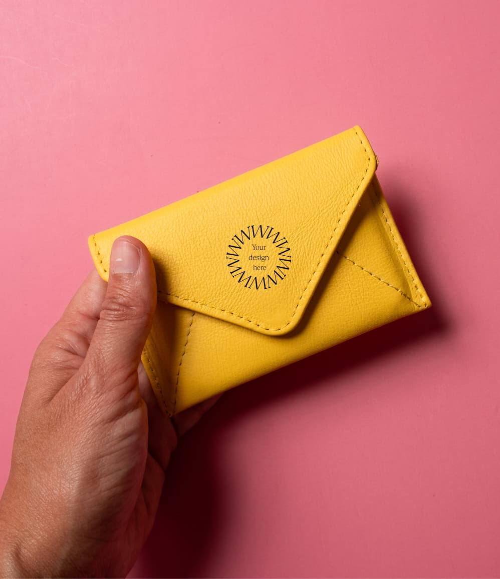 Leather Envelope RFID Wallet in yellow, showing logo placement