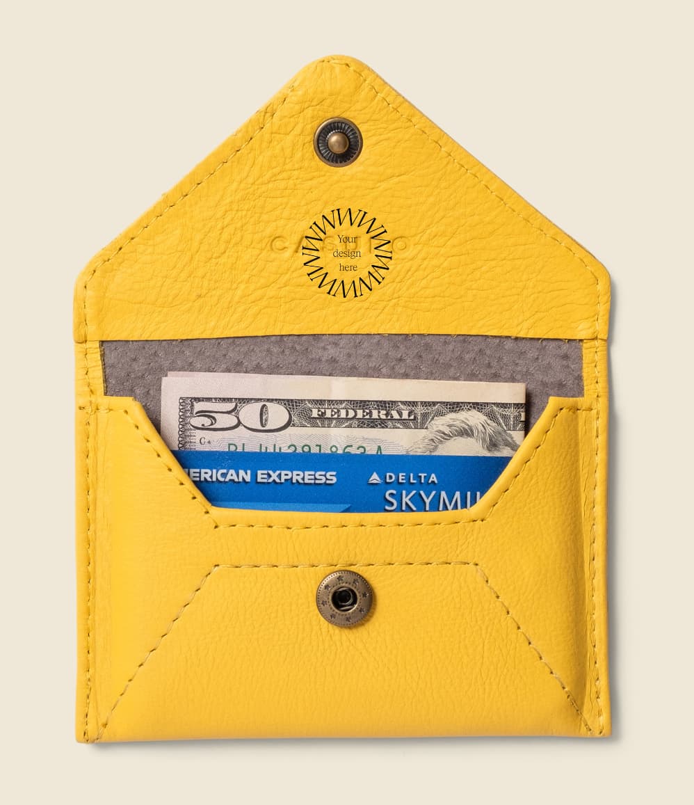 Leather Envelope RFID Wallet in yellow, open showing cards and notes.
