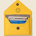 Leather Envelope RFID Wallet in yellow, open showing cards and notes.