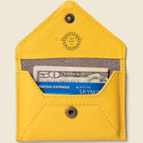 Leather Envelope RFID Wallet in yellow, open showing cards and notes.