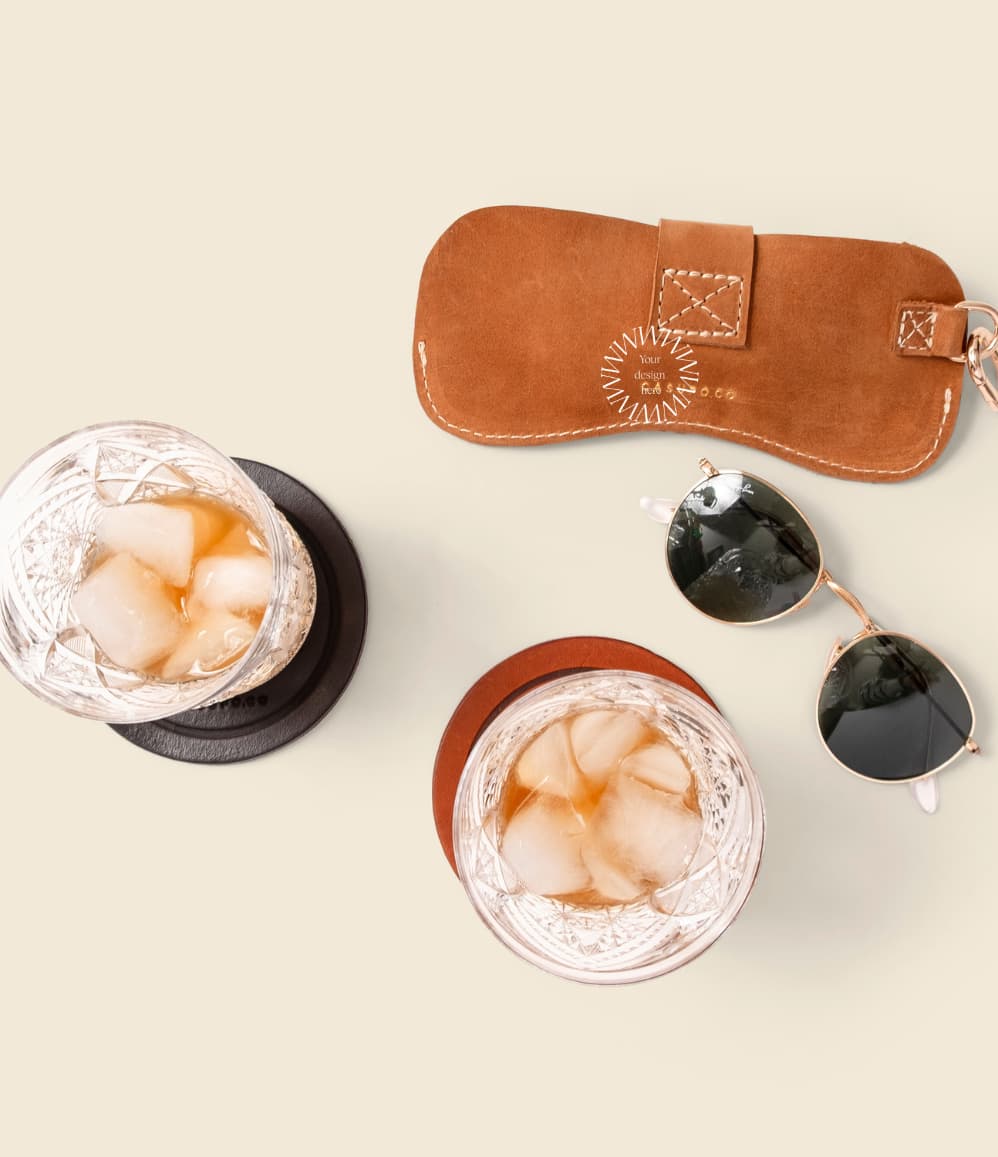 Custom leather glasses case for personalised gifts with logo for clients and executive meetings. Brand activations