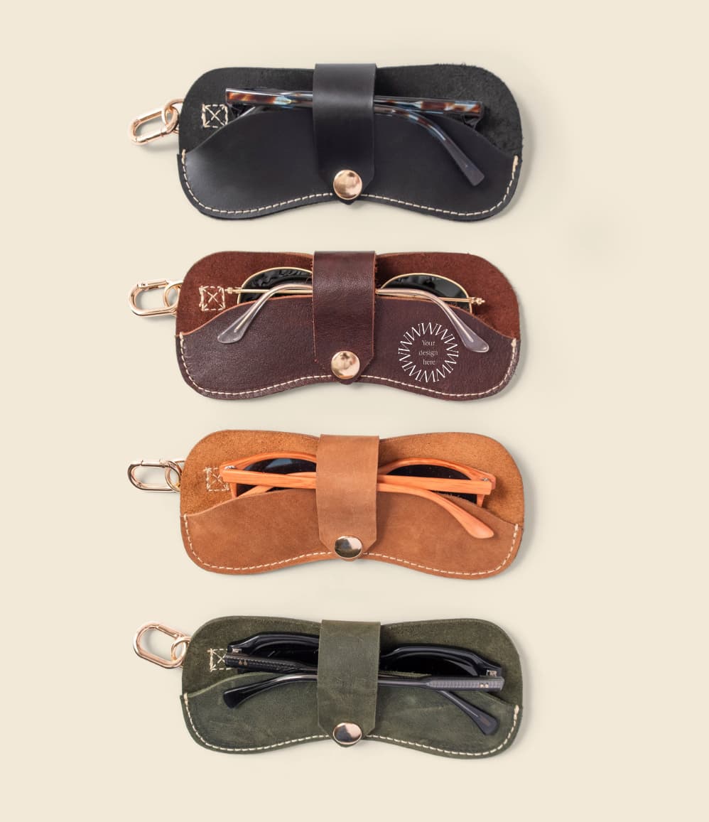 Custom leather glasses case ideal for branded promotional product UK. Personalise it with your logo.