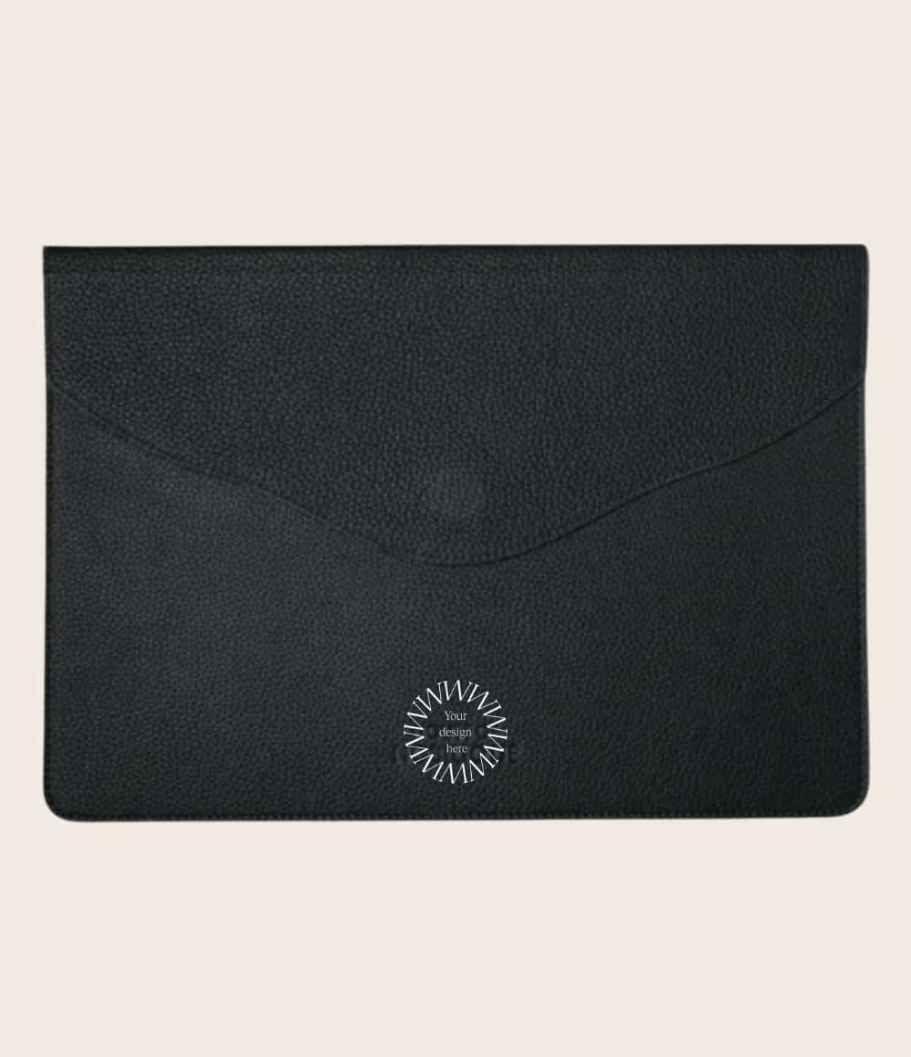 Black leather laptop case, personalised corporate gift from women-owned brand