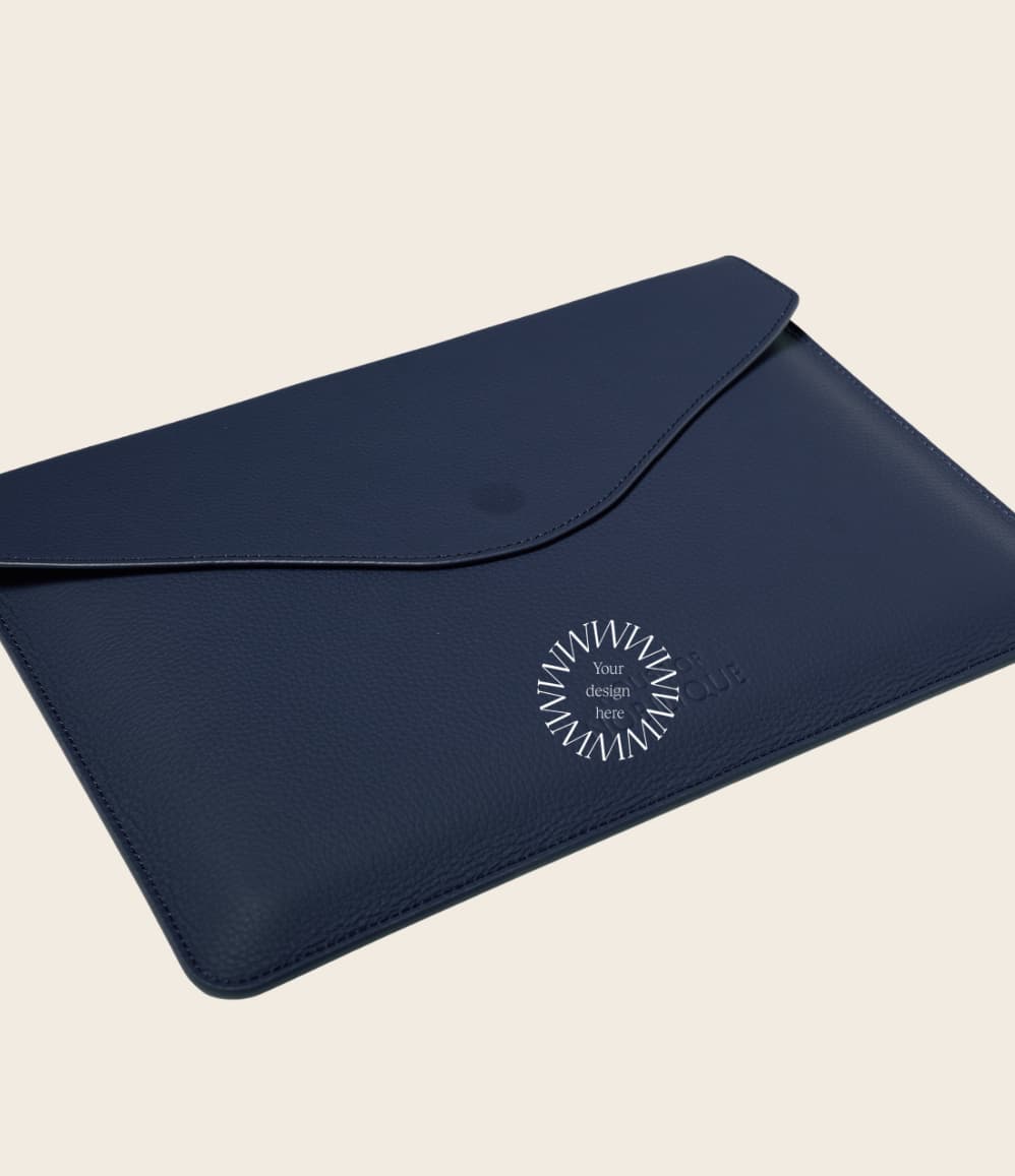 Side angle of blue leather laptop case, stitching detail on premium corporate gift