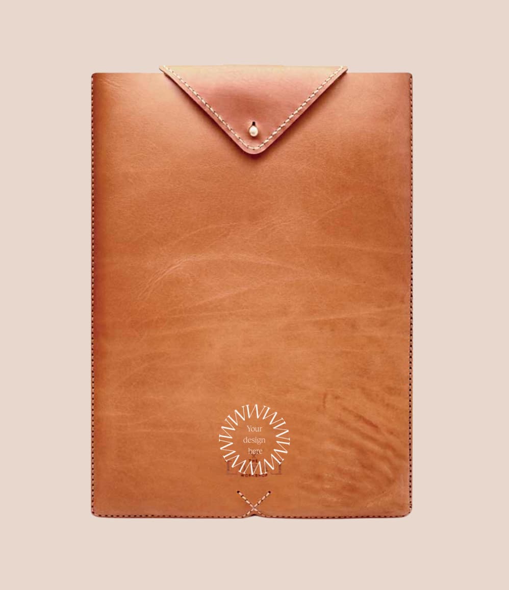 Hand-Stitched Leather Laptop Sleeve in cognac vegetable-tanned leather, fits 13 to 16 inch MacBook Pro, luxury corporate gift
