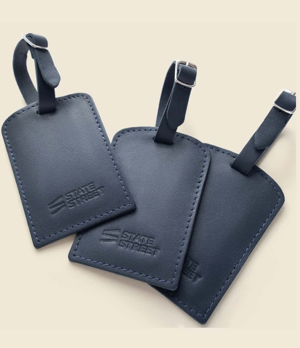 Leather Luggage Tag in blue, personalised with State Street logo embossed