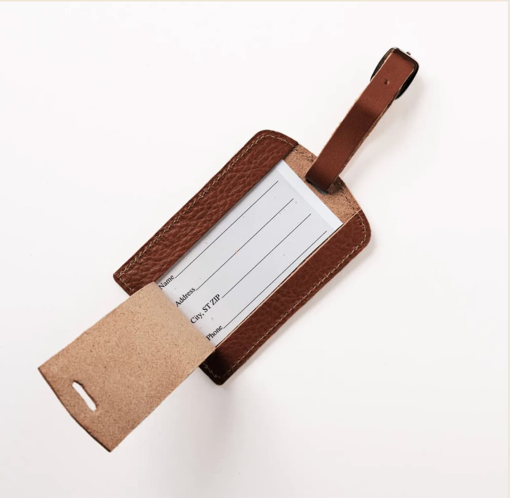 Leather Luggage Tag in brown, open