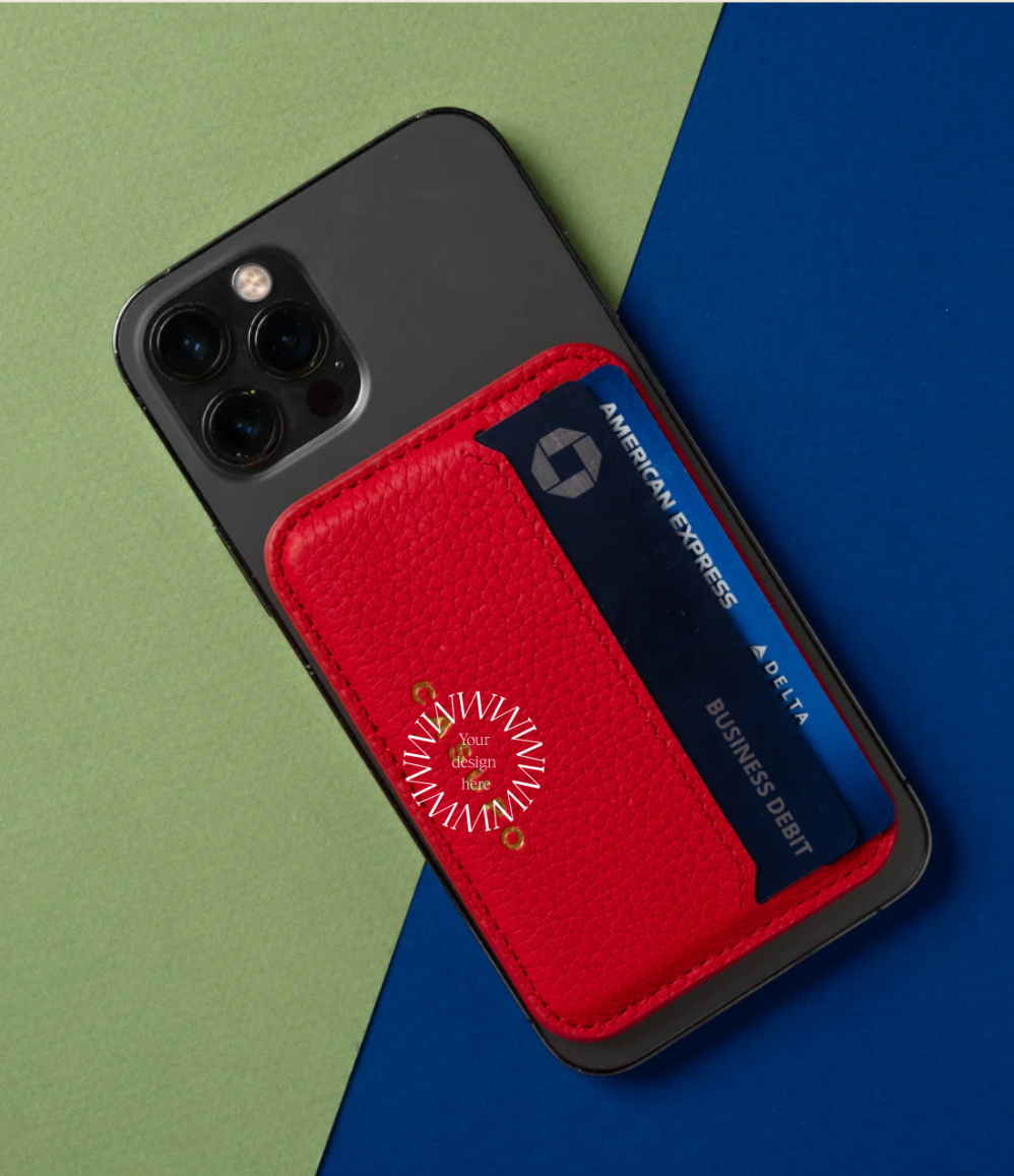 Leather MagSafe wallet high end corporate swag. Personalise it for events and client gifts.