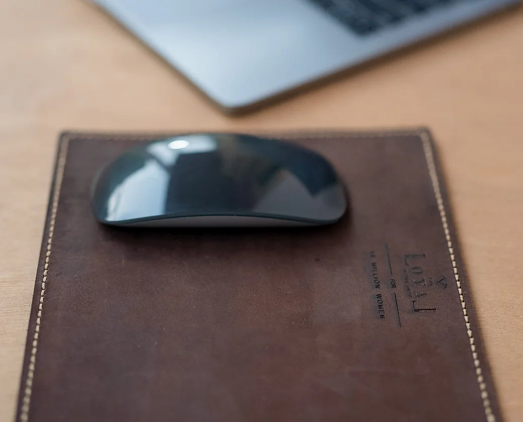 Premium handmade eco tanned leather Hand-Stitched Leather Mouse Pad in vintage brown showing hand stitching detail, eco friendly gift