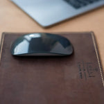 Premium handmade eco tanned leather Hand-Stitched Leather Mouse Pad in vintage brown showing hand stitching detail, eco friendly gift
