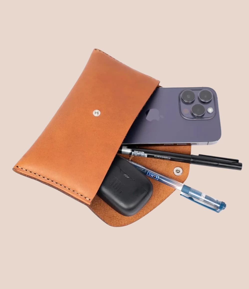 Hand-stitched Leather Organiser Pouch in cognac, executive gift