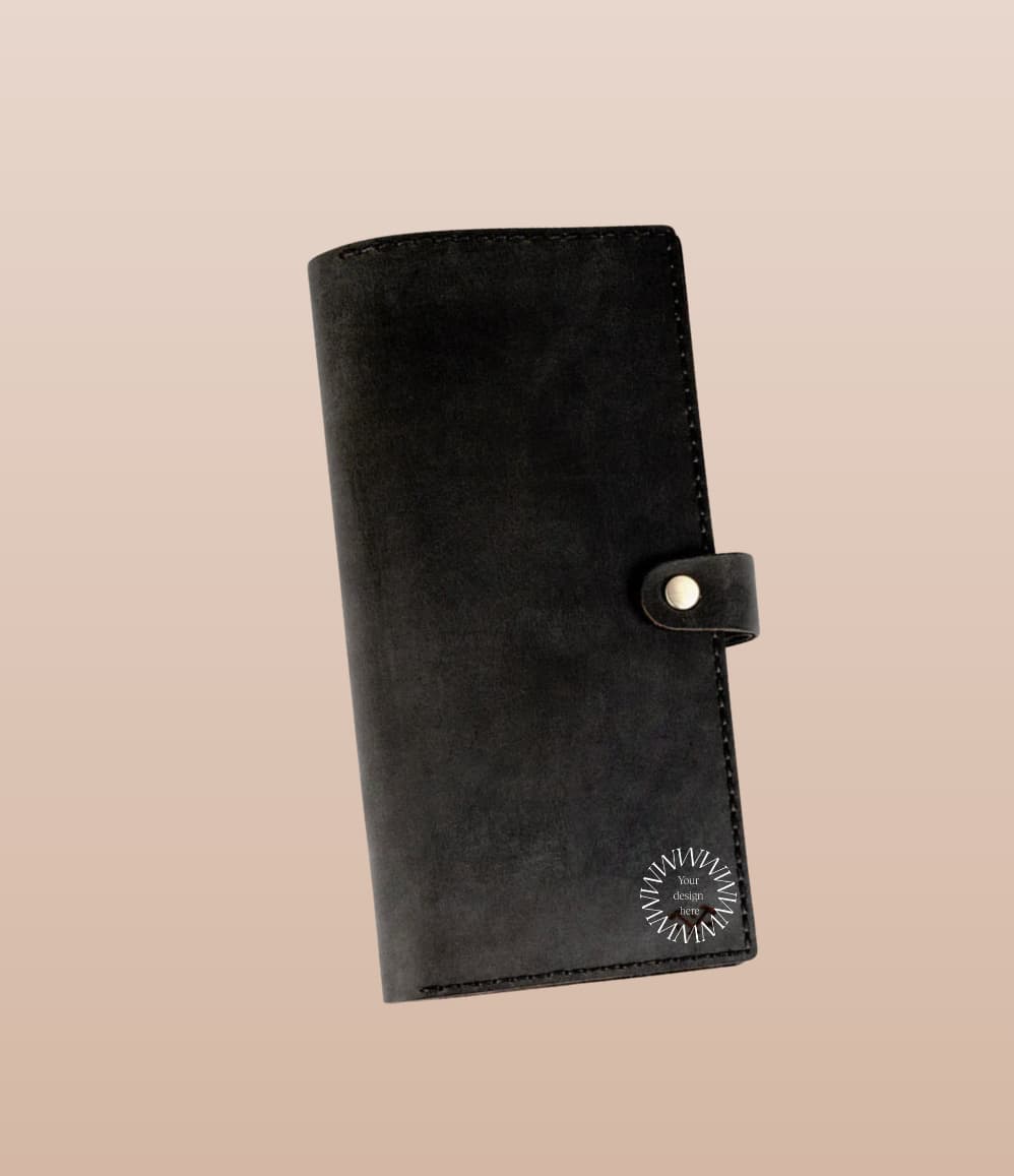 Black leather passport holder, a personalised  eco conference gift
