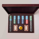 Leather poker set case open, showing 300 professional weighted chips, a personalised corporate gift from women-owned brands.