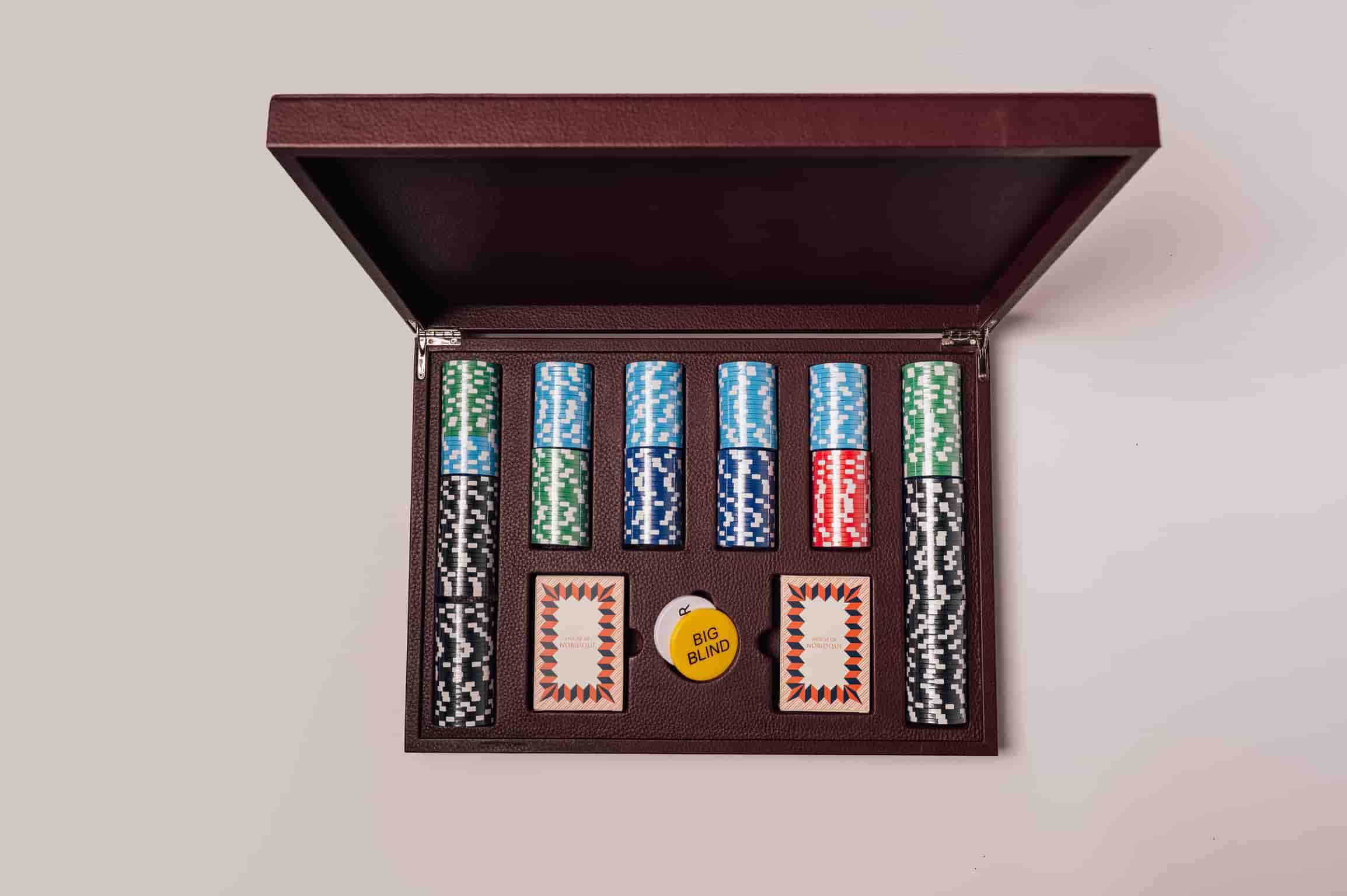 Leather poker set case open, showing 300 professional weighted chips, a personalised corporate gift from women-owned brands.