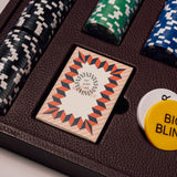 Close-up detail of the handcrafted leather poker set, showing stitching and magnetic closure on a sustainable corporate gift.