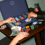 Leather poker set in use, a sustainable corporate gift built around social connectivity and shared moments.