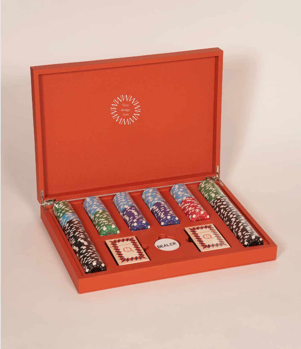 Orange leather poker set, a branded corporate gift designed for events and client activations.
