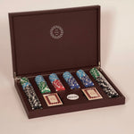 Taupe leather poker set with magnetic closure, a premium personalised corporate gift from women-owned brands.