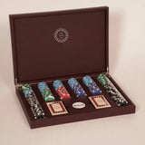 Taupe leather poker set with magnetic closure, a premium personalised corporate gift from women-owned brands.