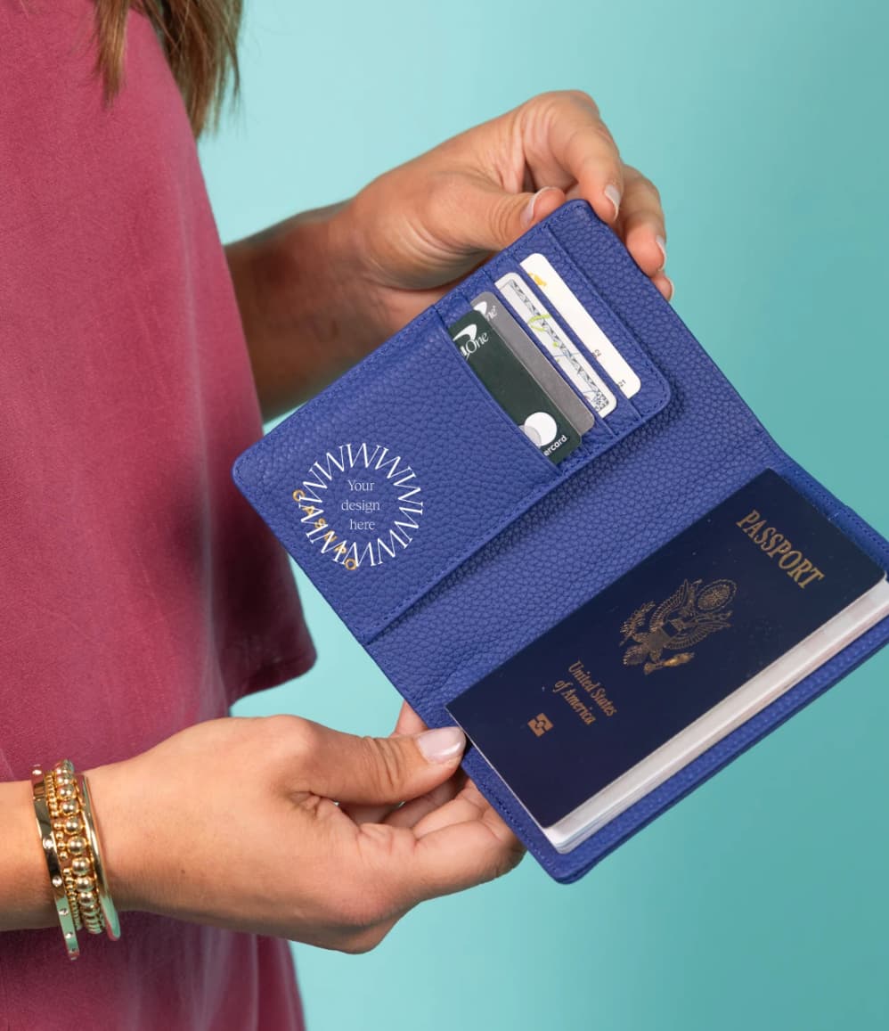 Leather RFID Passport Wallet in blue, open, showing card slots and passport