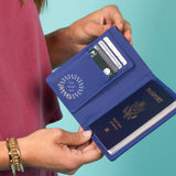 Leather RFID Passport Wallet in blue, open, showing card slots and passport