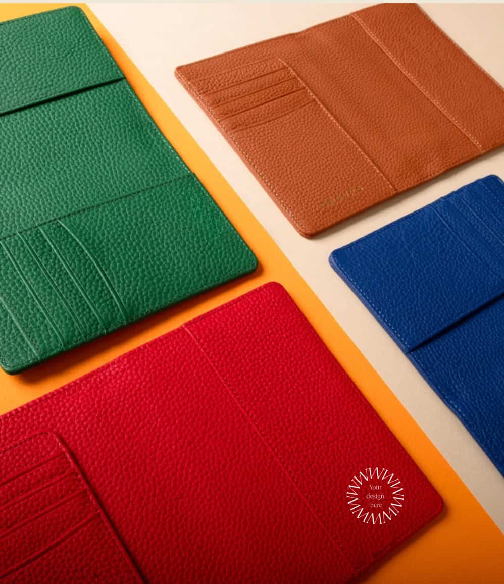 Leather RFID Passport Wallet in blue, red, green and tan