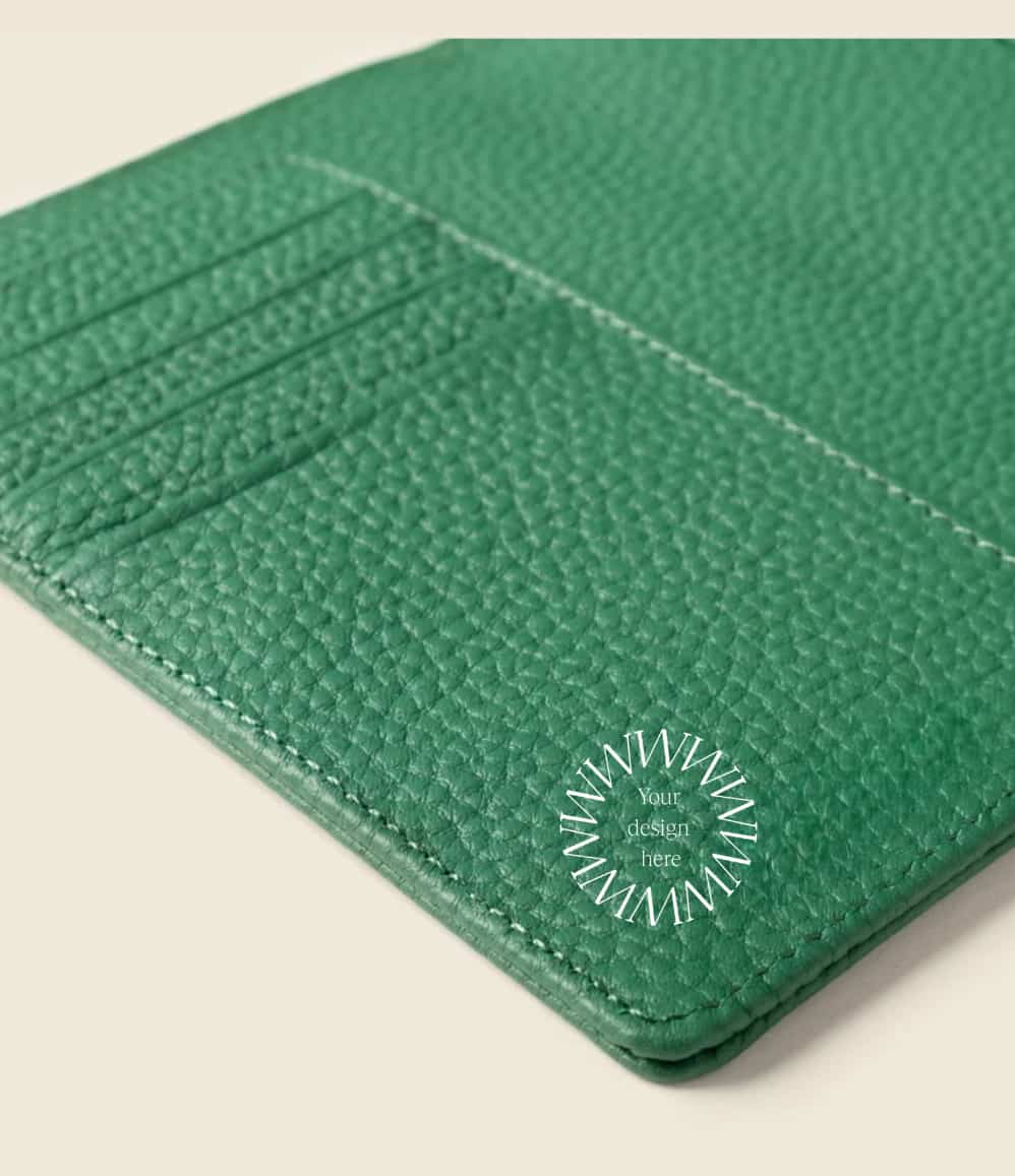 Leather RFID Passport Wallet in green, showing stitching detail