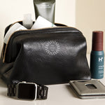 Leather Toiletry Bag in black, showing logo placement