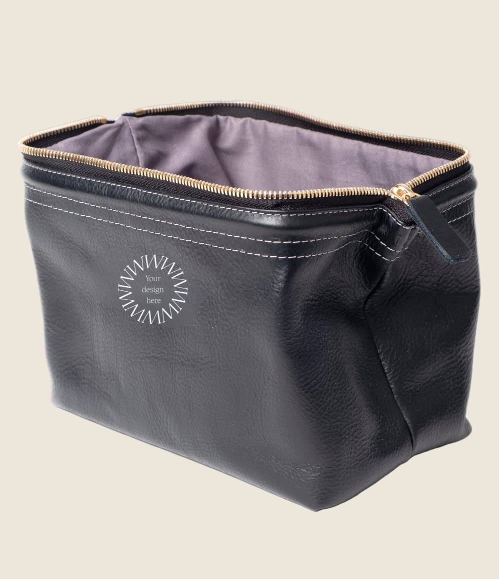 Leather Toiletry Bag, open, showing logo placement