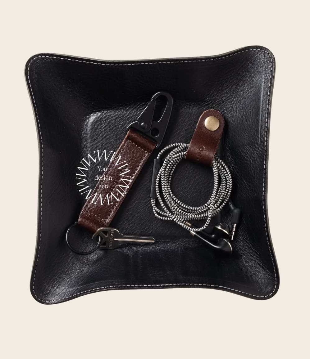 Leather Travel Valet Tray in black, holding keys and coins