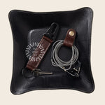 Leather Travel Valet Tray in black, holding keys and coins