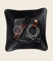 Leather Travel Valet Tray in black, holding keys and coins