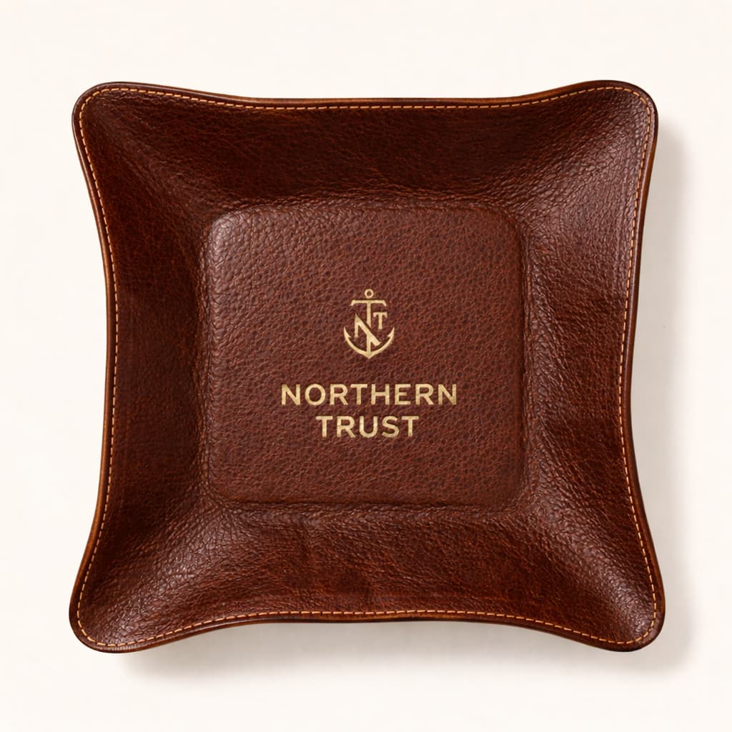 Leather Travel Valet Tray in brown, personalised with a printed client logo