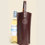 Leather Wine Carrier in brown, showing logo placement