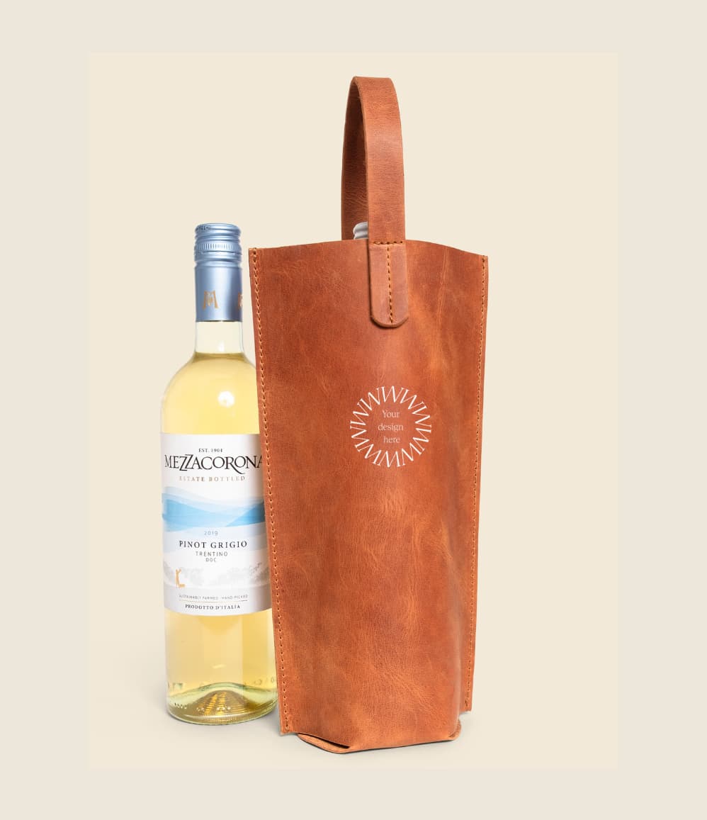 Leather Wine Carrier in tan, showing logo placement