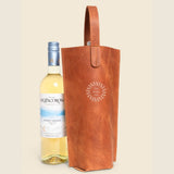 Leather Wine Carrier in tan, showing logo placement