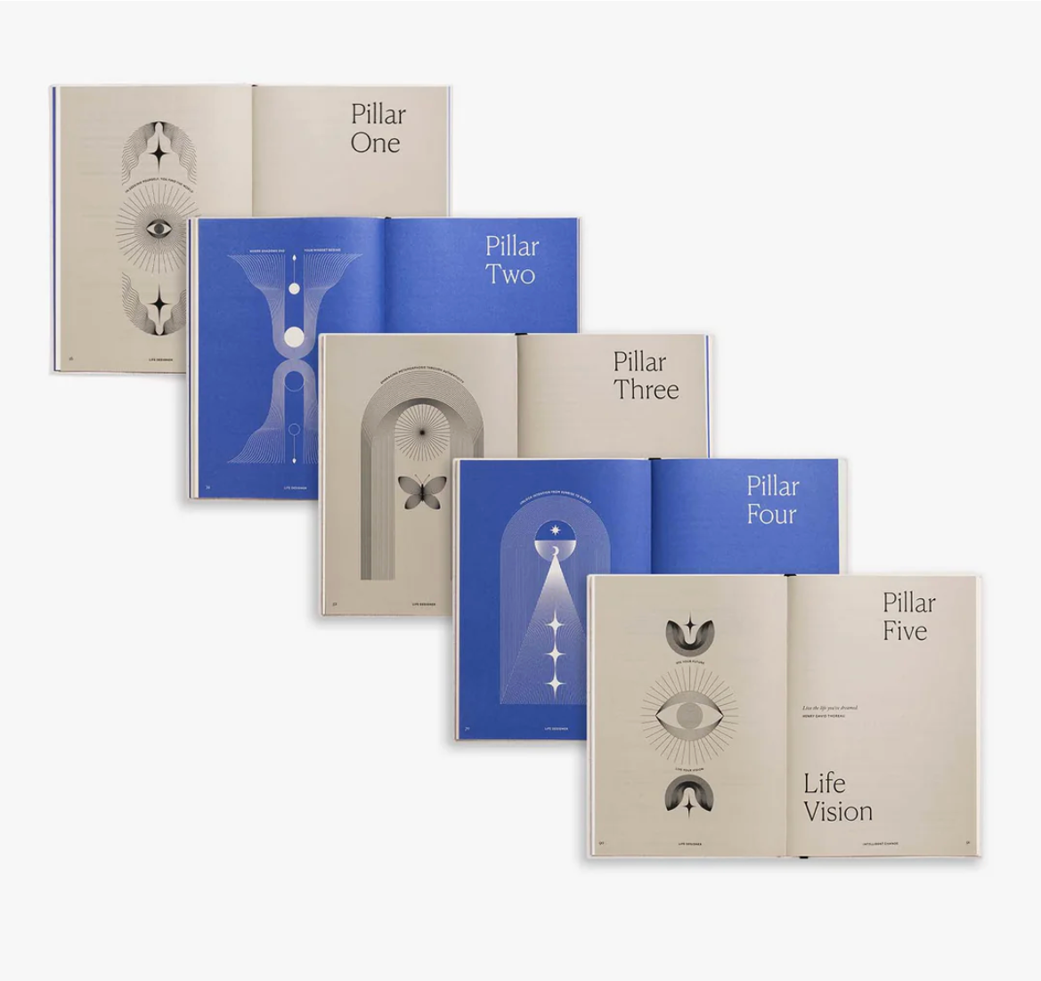 Inside pages of The Life Designer Journal with goal-setting exercises, ideal personalised wellbeing gift for employees and clients