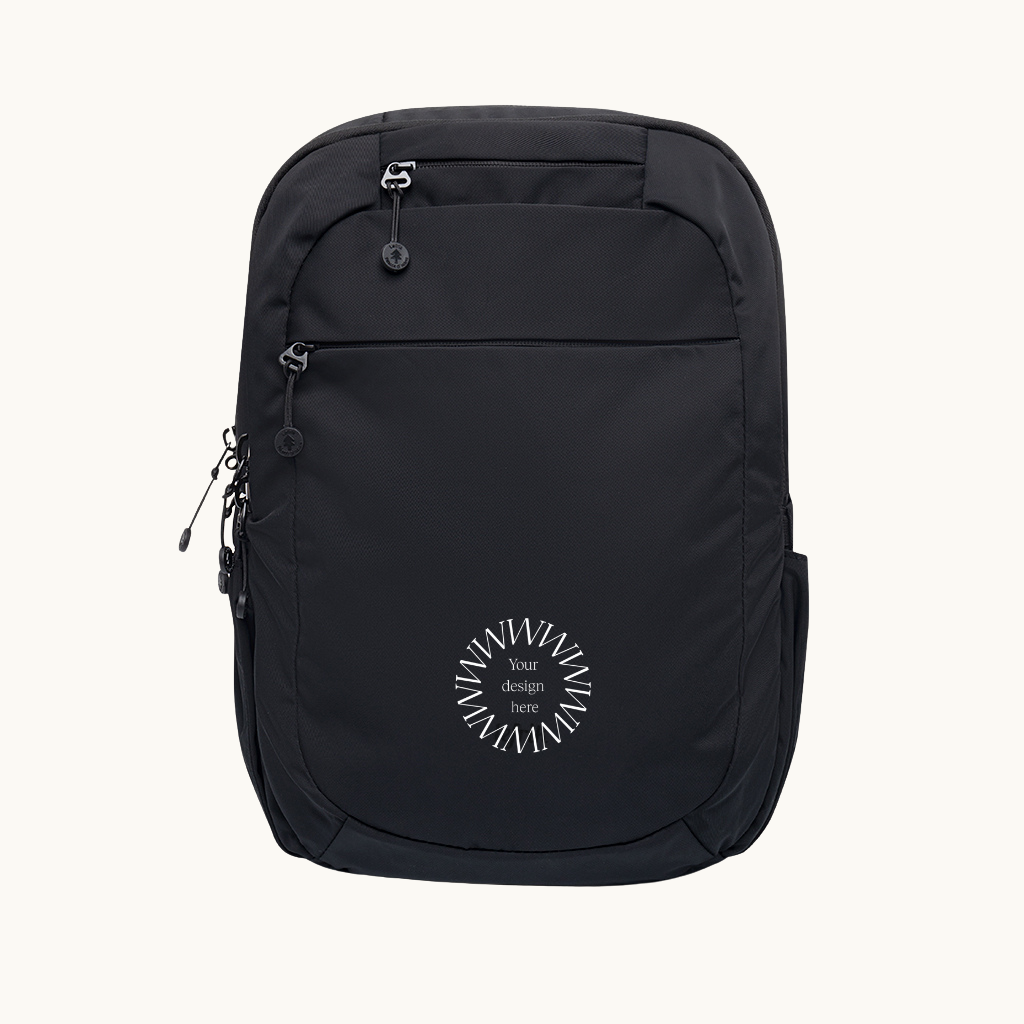 Black recycled backpack for corporate gifts and premium event swag