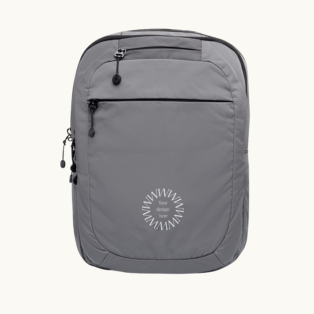 Customise this navy blue recycled backpack for corporate gifts and premium event swag