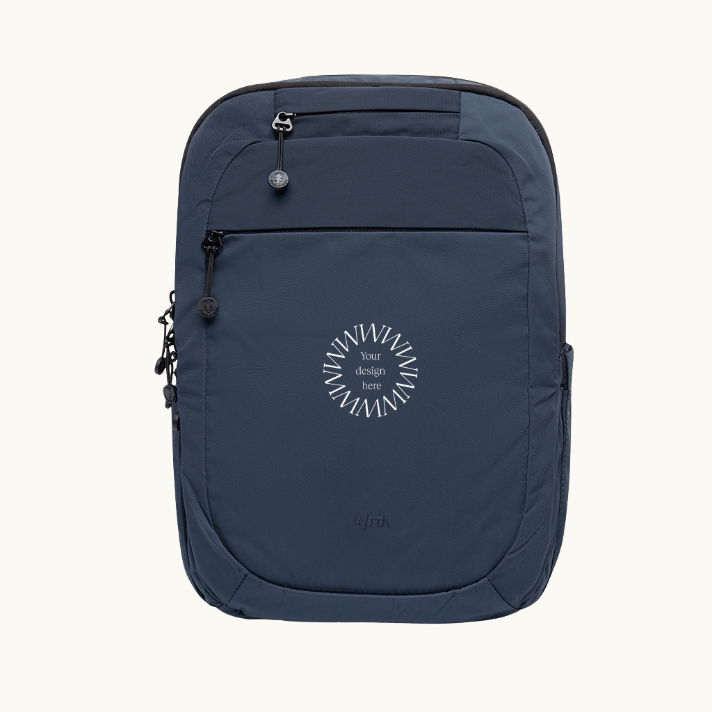 Personalise this navy blue recycled backpack for corporate gifts and premium event swag