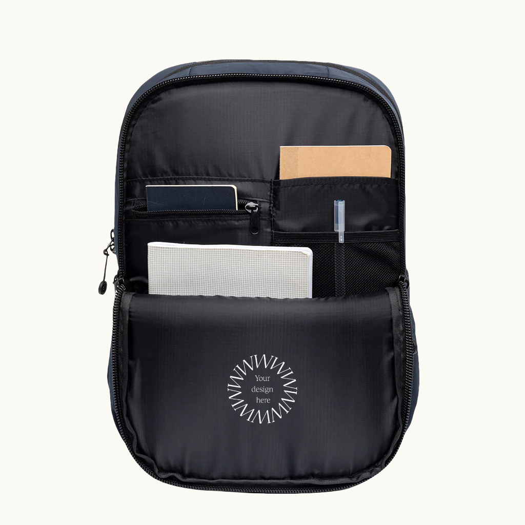 Sustainable navy blue recycled backpack for corporate gifts and premium event swag