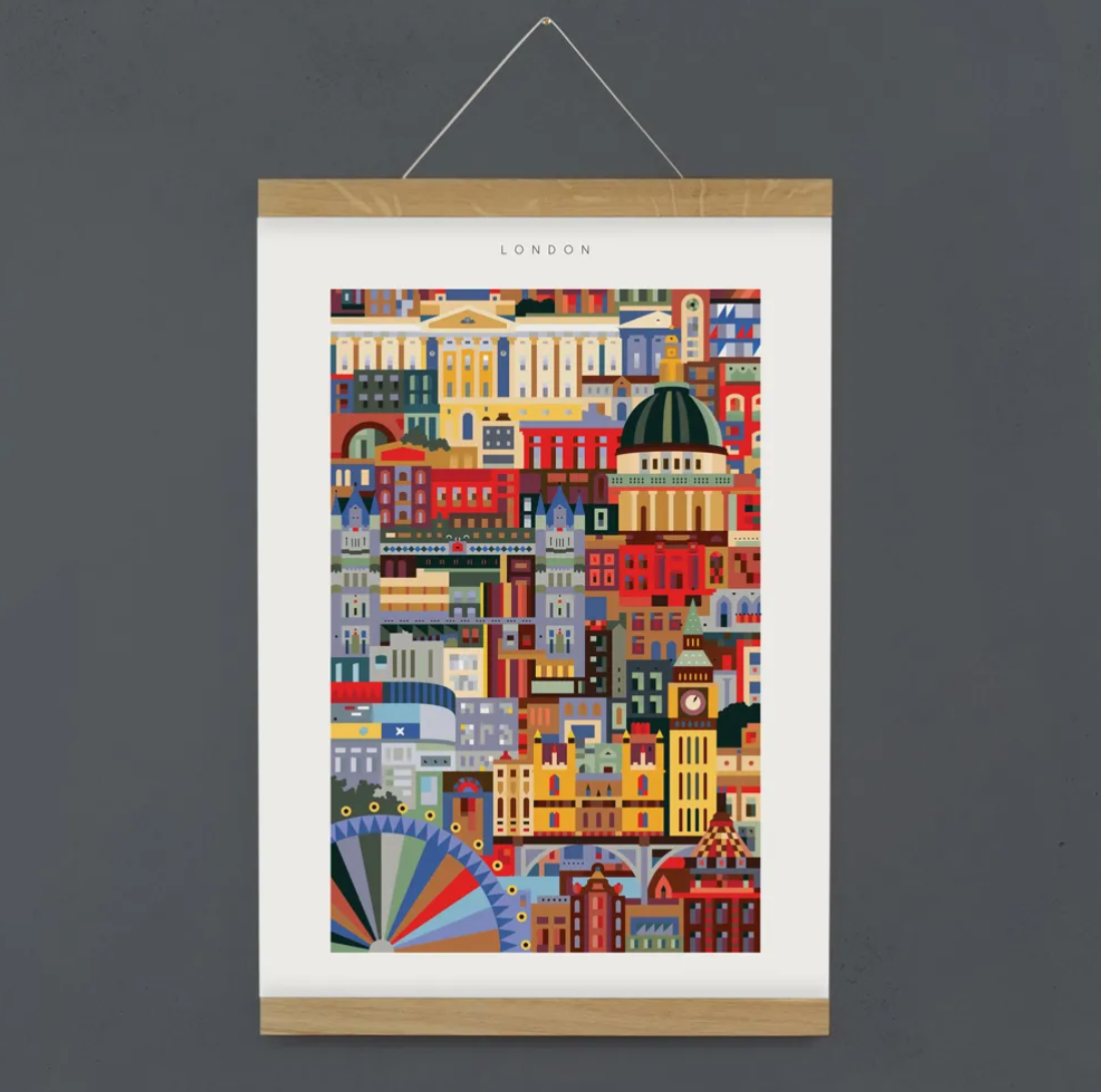 London blockprint wall art featuring Big Ben, London Eye and St Paul’s Cathedral. Unique sustainable corporate gift idea.