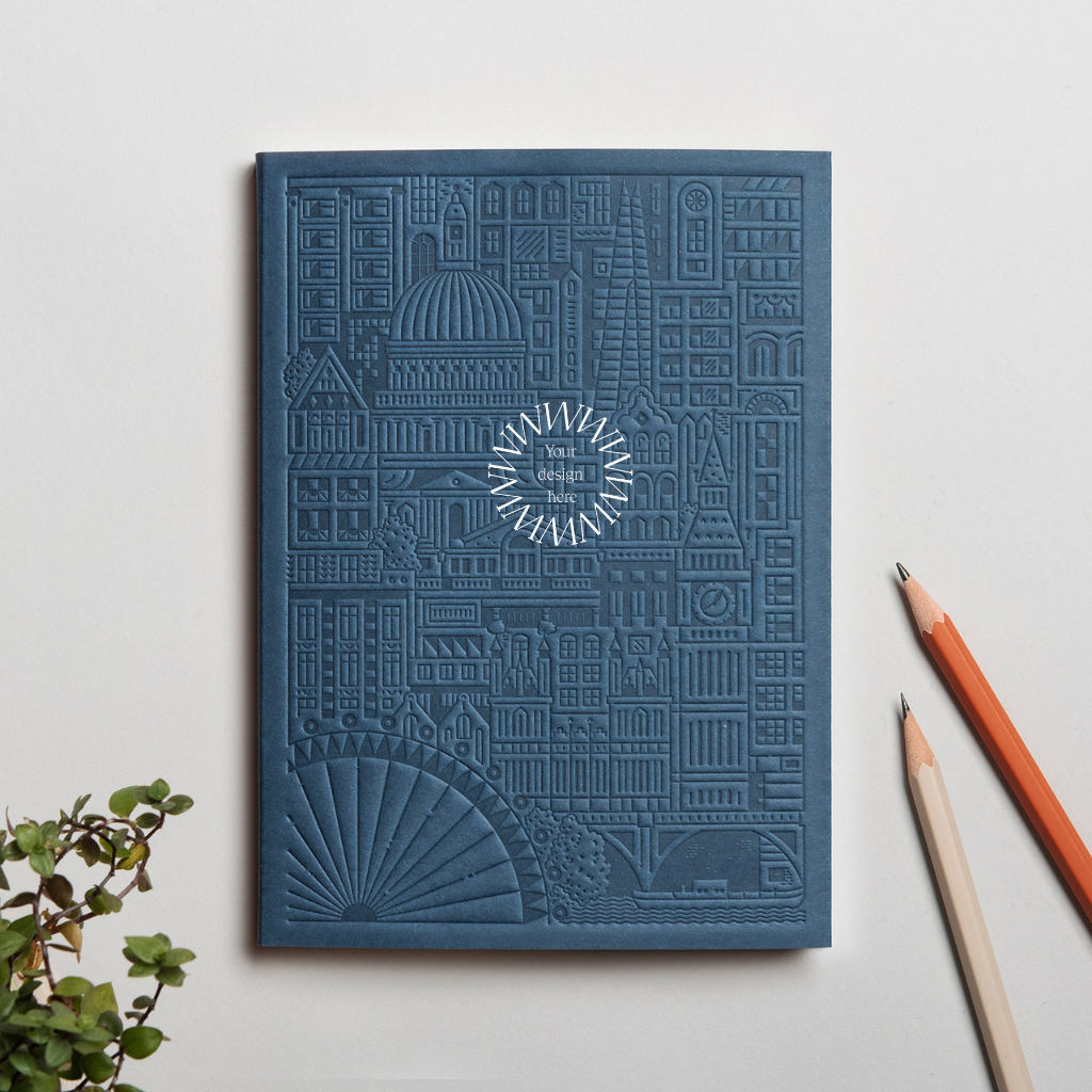 Debossed London notebook in blue, eco-friendly branded merchandise
