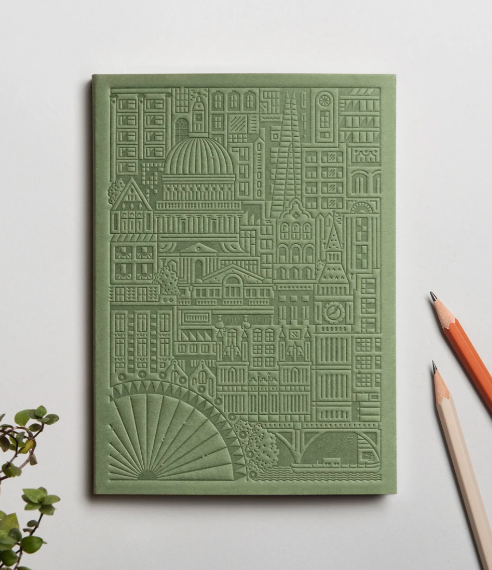 Debossed London notebook in green, premium sustainable notebook. Personalised premium corporate gifts